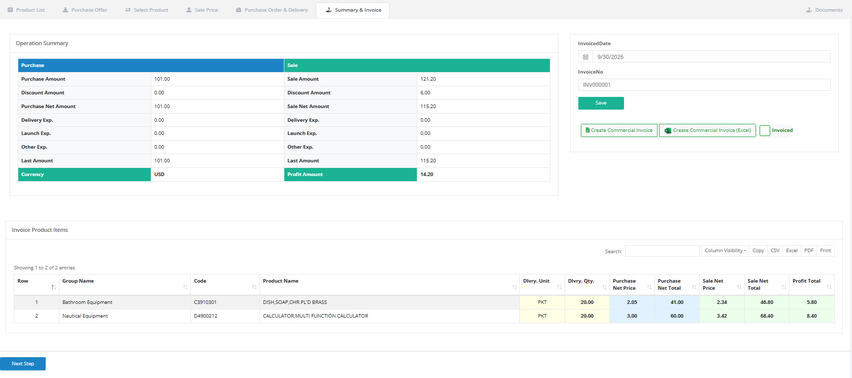 Operation summary and invoice screen