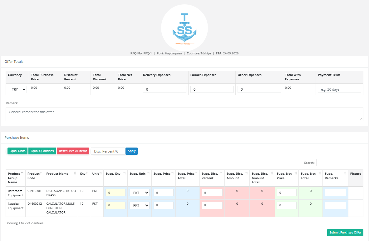 Supplier web offer page with items and price inputs