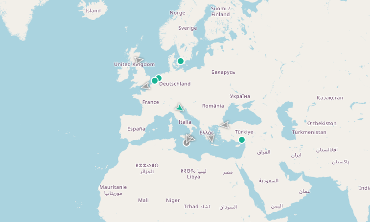 Current positions of the whole fleet on a map of Europe