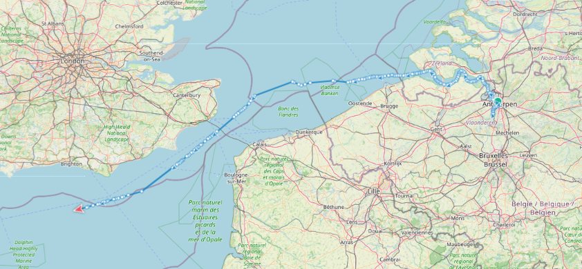 Route of one vessel from Antwerp across the English Channel, drawn on a map
